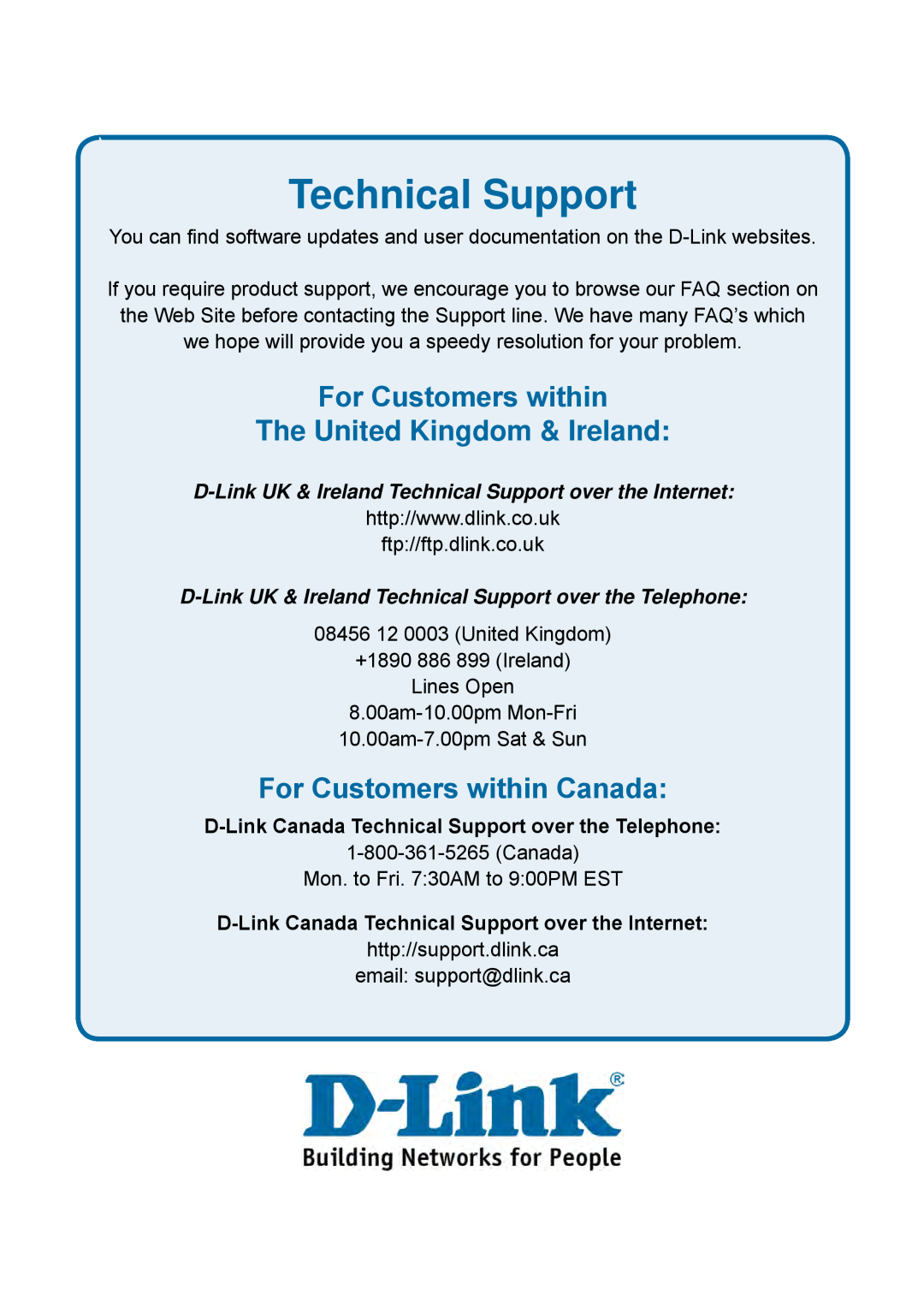 D-Link DES-1228P Technical Support, For Customers within The United Kingdom & Ireland, For Customers within Canada 