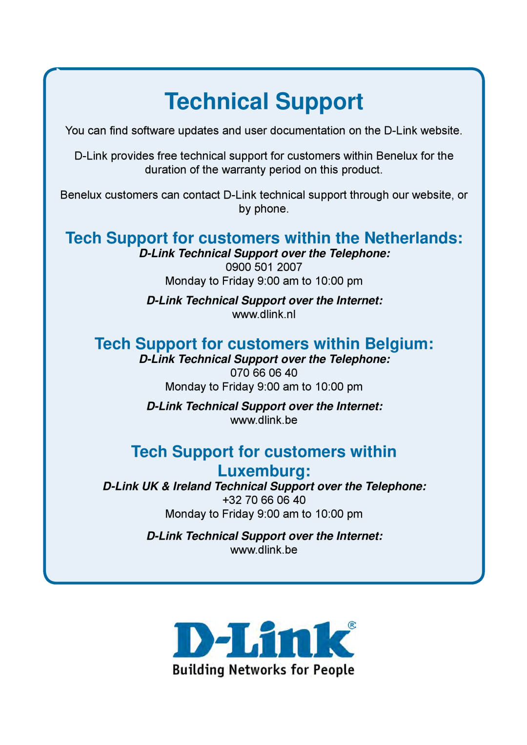 D-Link DES-1228P user manual Tech Support for customers within the Netherlands, Tech Support for customers within Belgium 