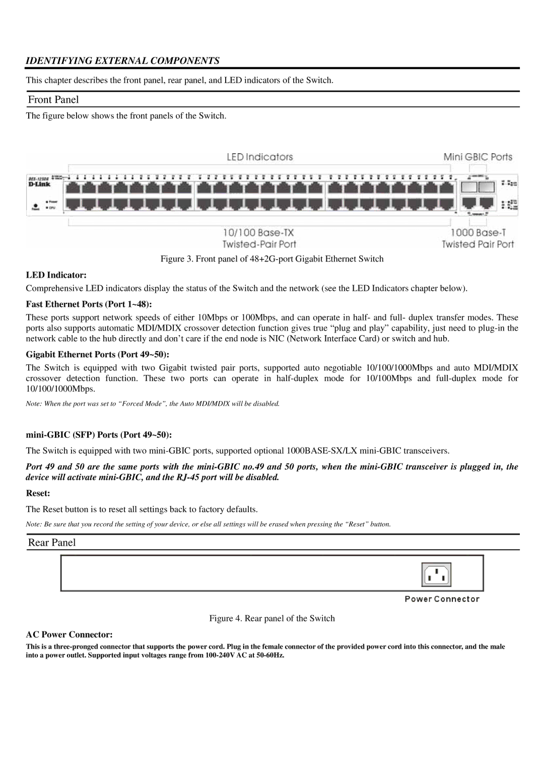 D-Link Gigabit Switch, DES-1250G manual Front Panel, Rear Panel, Identifying External Components 