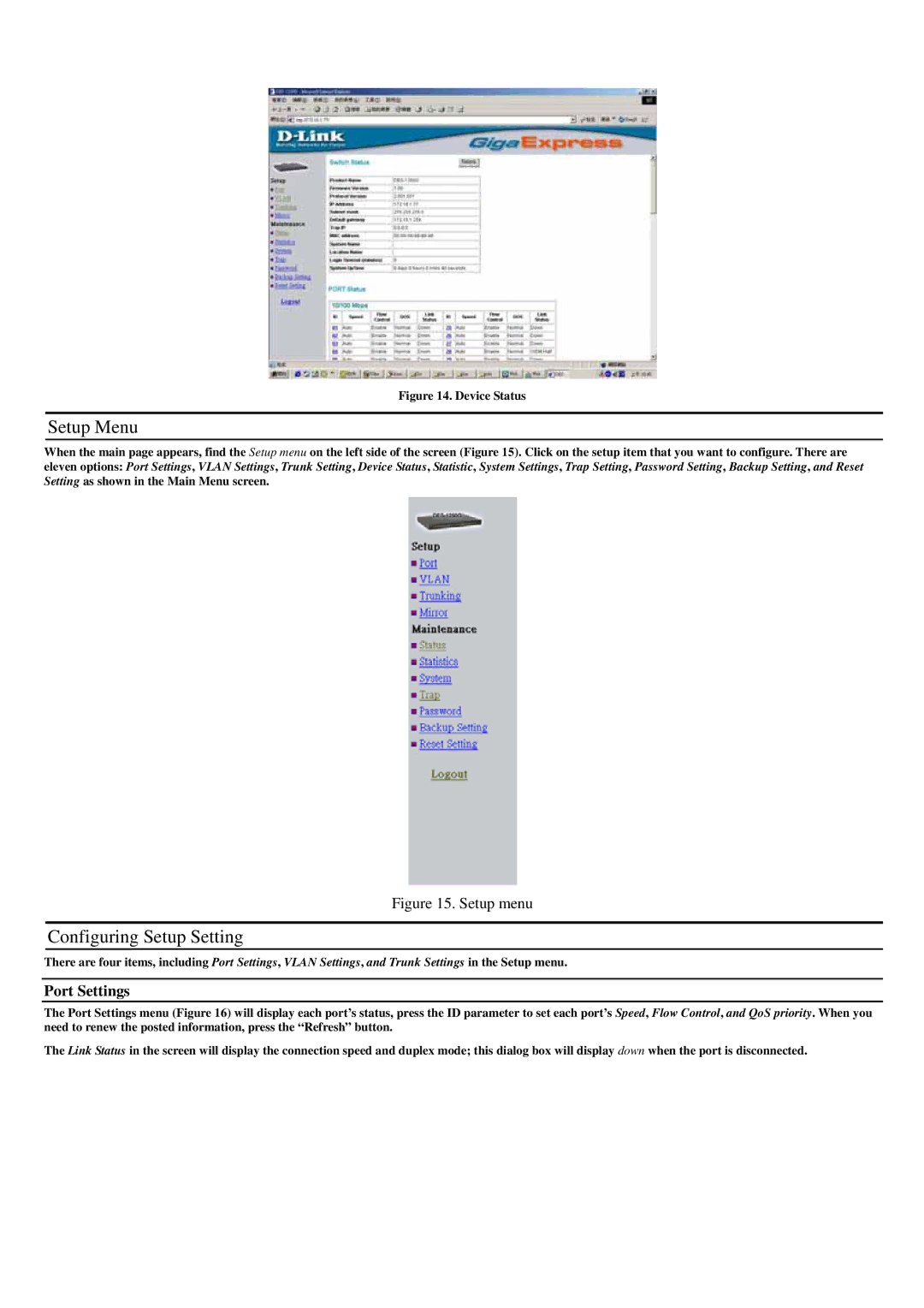 D-Link DES-1250G, Gigabit Switch manual Setup Menu, Configuring Setup Setting, Port Settings 