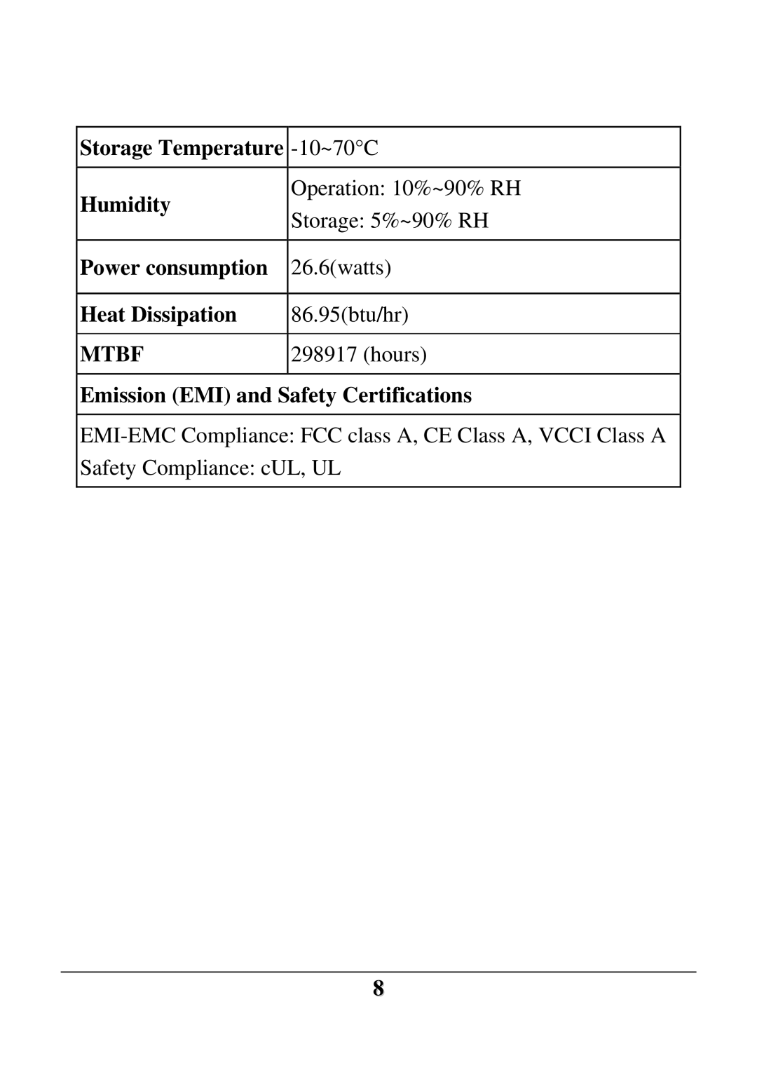 D-Link DES-1252 Storage Temperature, Humidity, Power consumption, Heat Dissipation, Emission EMI and Safety Certifications 