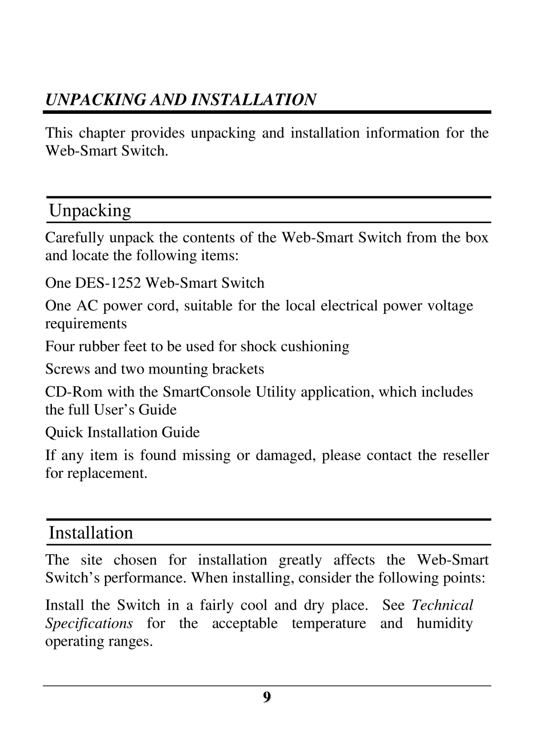 D-Link DES-1252 user manual Unpacking, Installation 