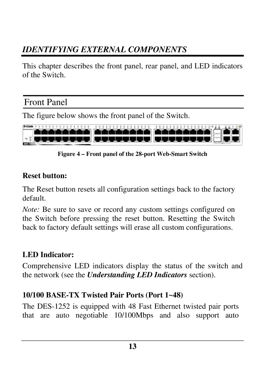 D-Link DES-1252 user manual Front Panel, Reset button, LED Indicator, 10/100 BASE-TX Twisted Pair Ports Port 1~48 