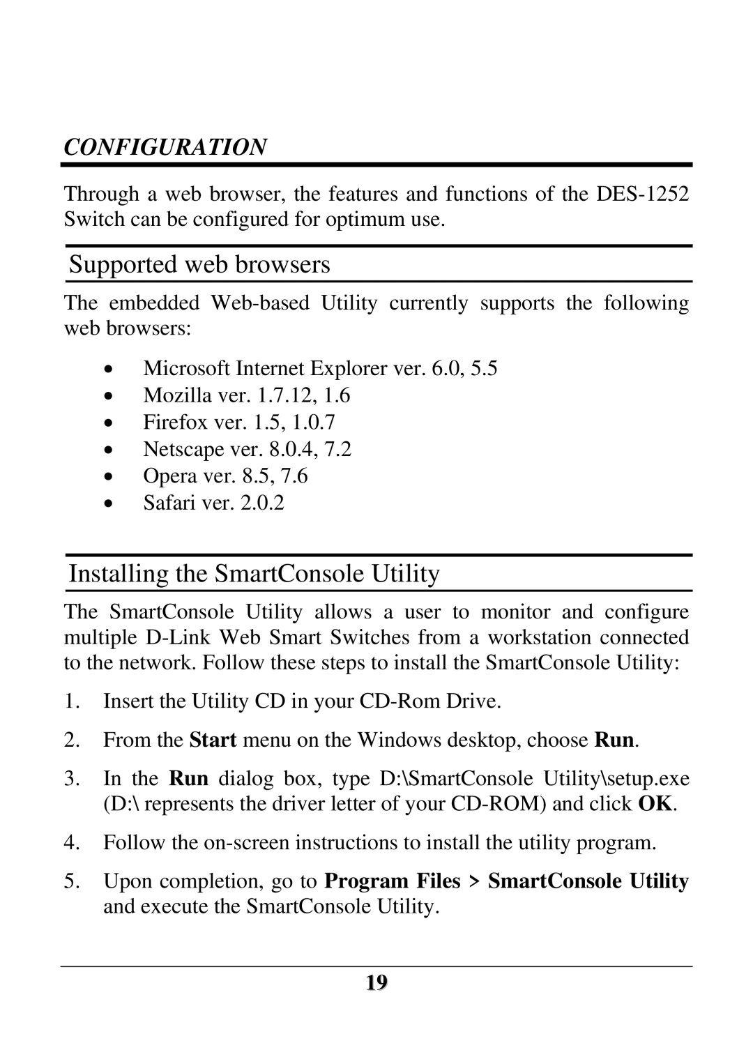 D-Link DES-1252 user manual Supported web browsers, Installing the SmartConsole Utility 