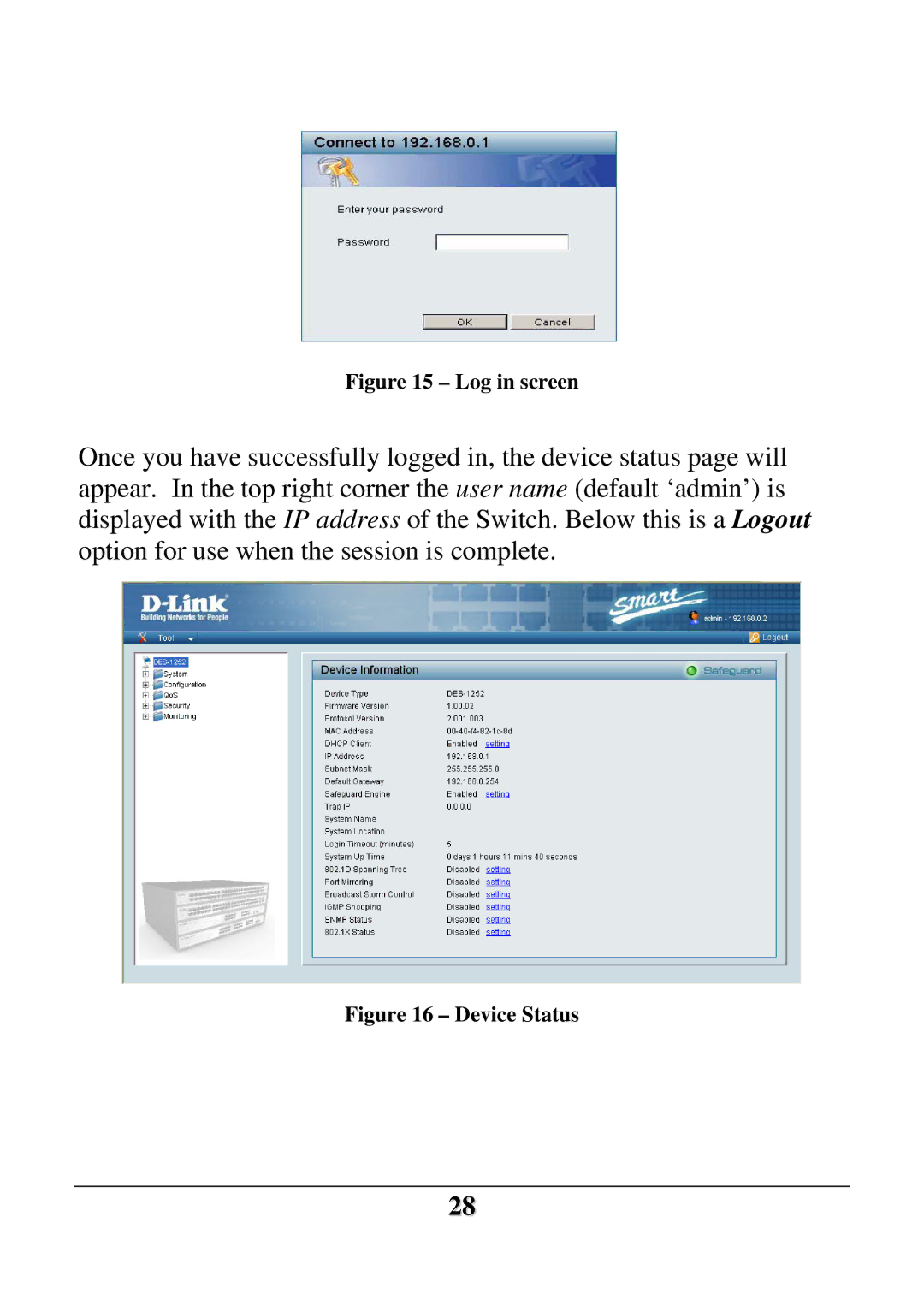 D-Link DES-1252 user manual Log in screen 