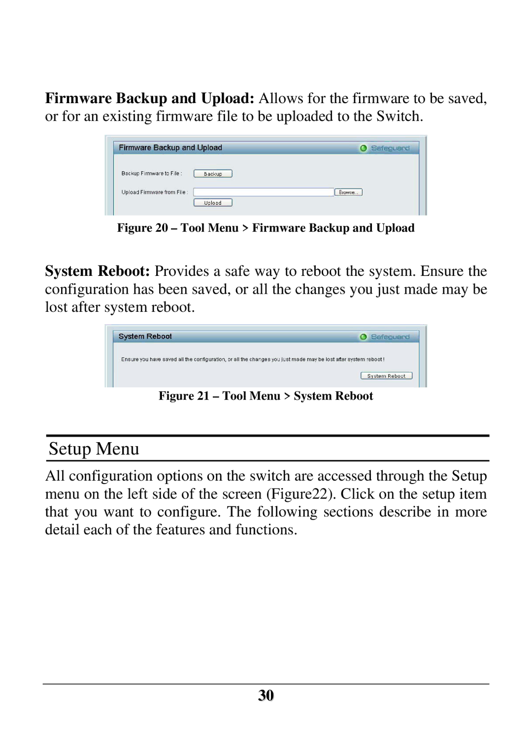 D-Link DES-1252 user manual Setup Menu, Tool Menu Firmware Backup and Upload 