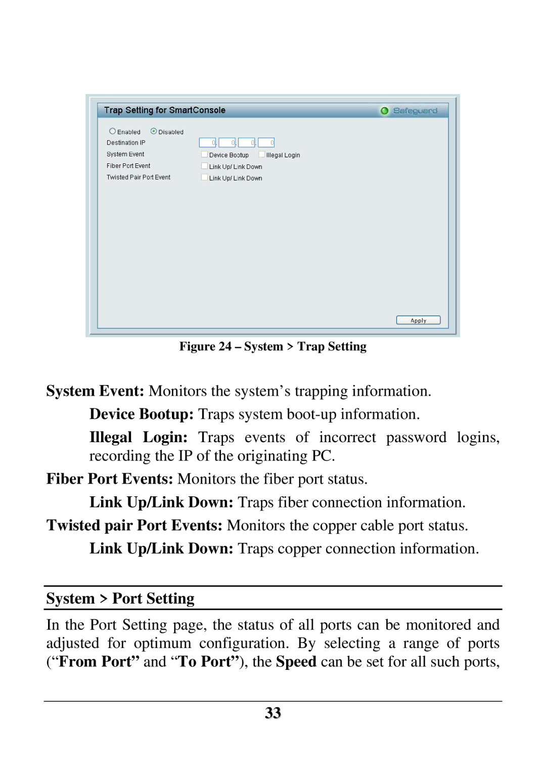 D-Link DES-1252 user manual System Port Setting, System Trap Setting 