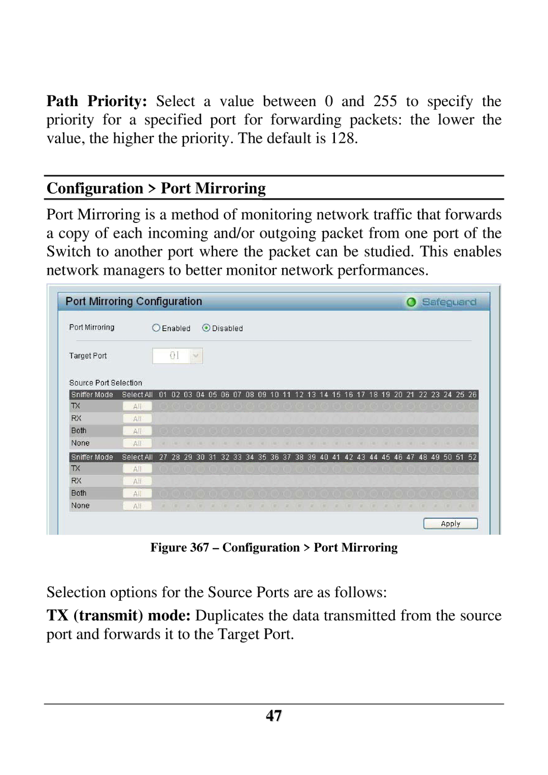 D-Link DES-1252 user manual Configuration Port Mirroring 