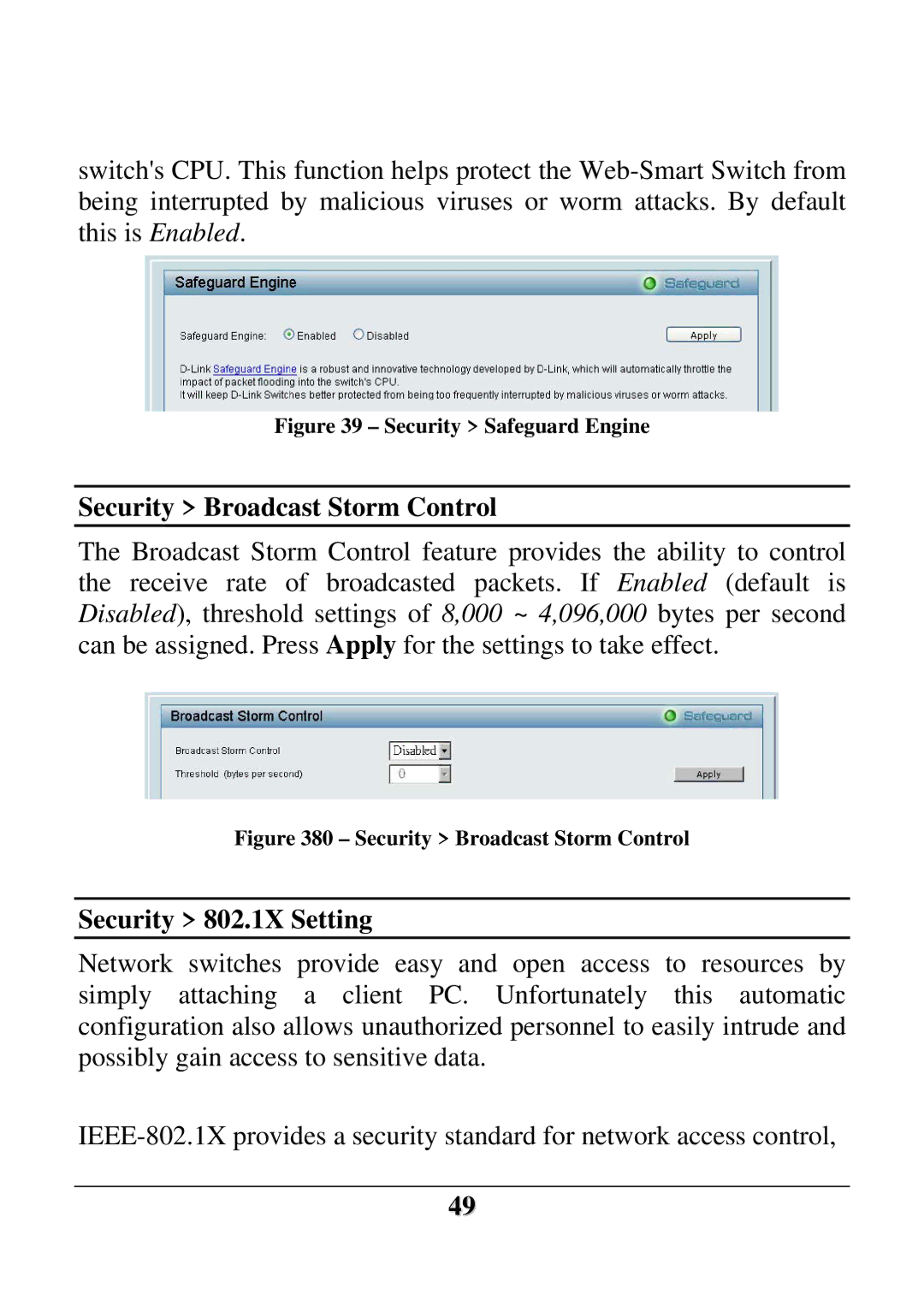 D-Link DES-1252 user manual Security Broadcast Storm Control, Security 802.1X Setting 