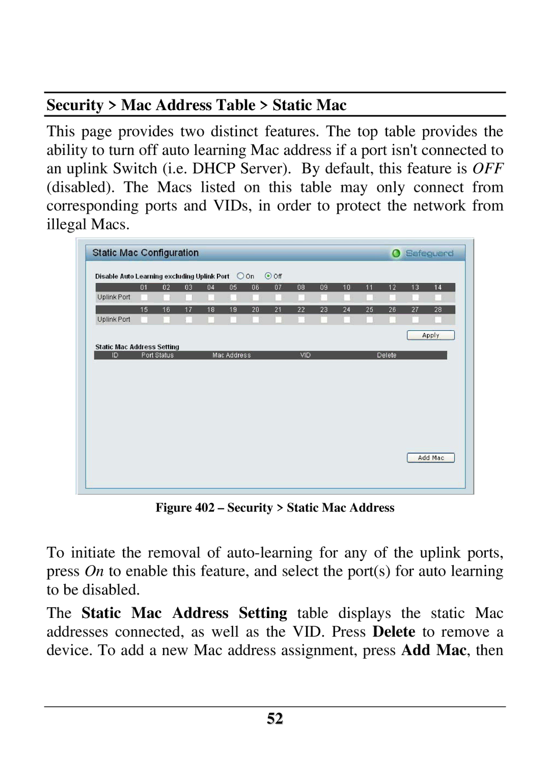 D-Link DES-1252 user manual Security Mac Address Table Static Mac, Security Static Mac Address 