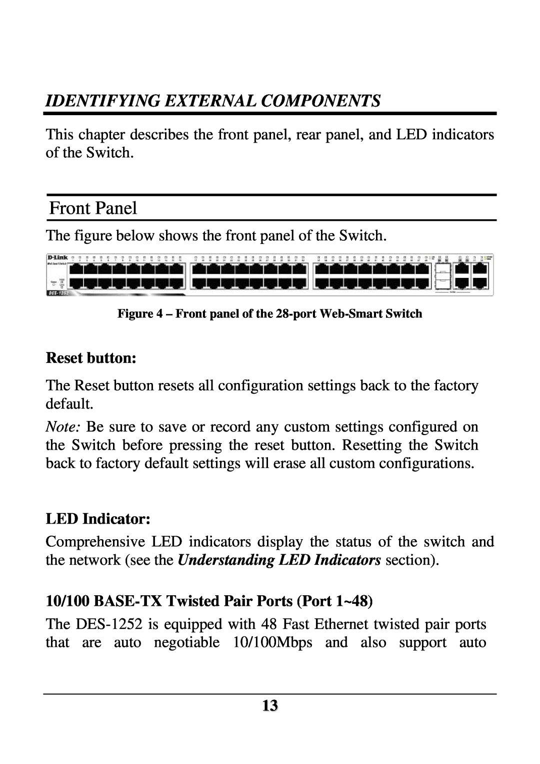 D-Link DES-1252 user manual Front Panel, Identifying External Components, Reset button, LED Indicator 