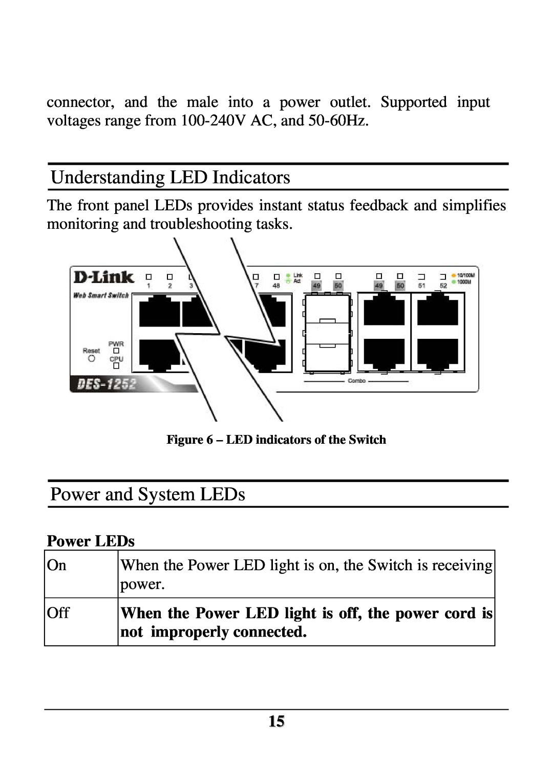 D-Link DES-1252 user manual Understanding LED Indicators, Power and System LEDs, Power LEDs 