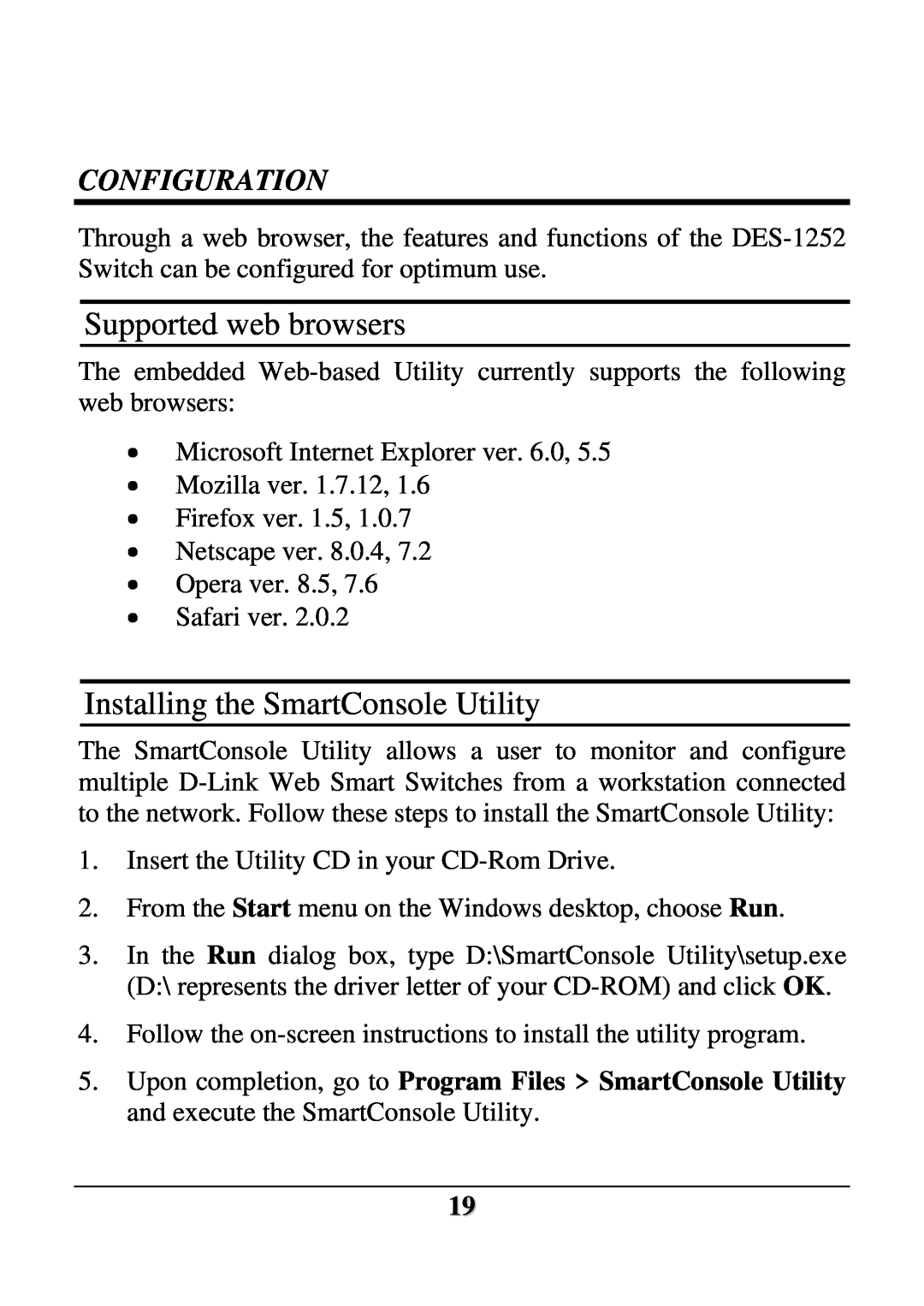 D-Link DES-1252 user manual Supported web browsers, Installing the SmartConsole Utility, Configuration 