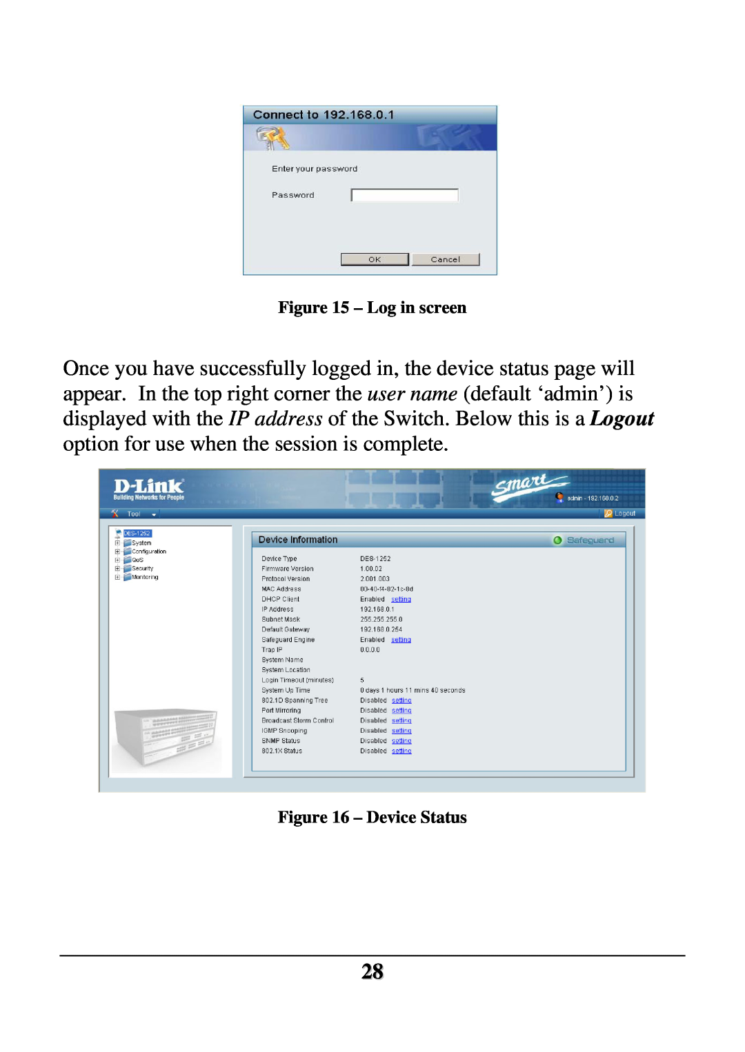 D-Link DES-1252 user manual Log in screen, Device Status 