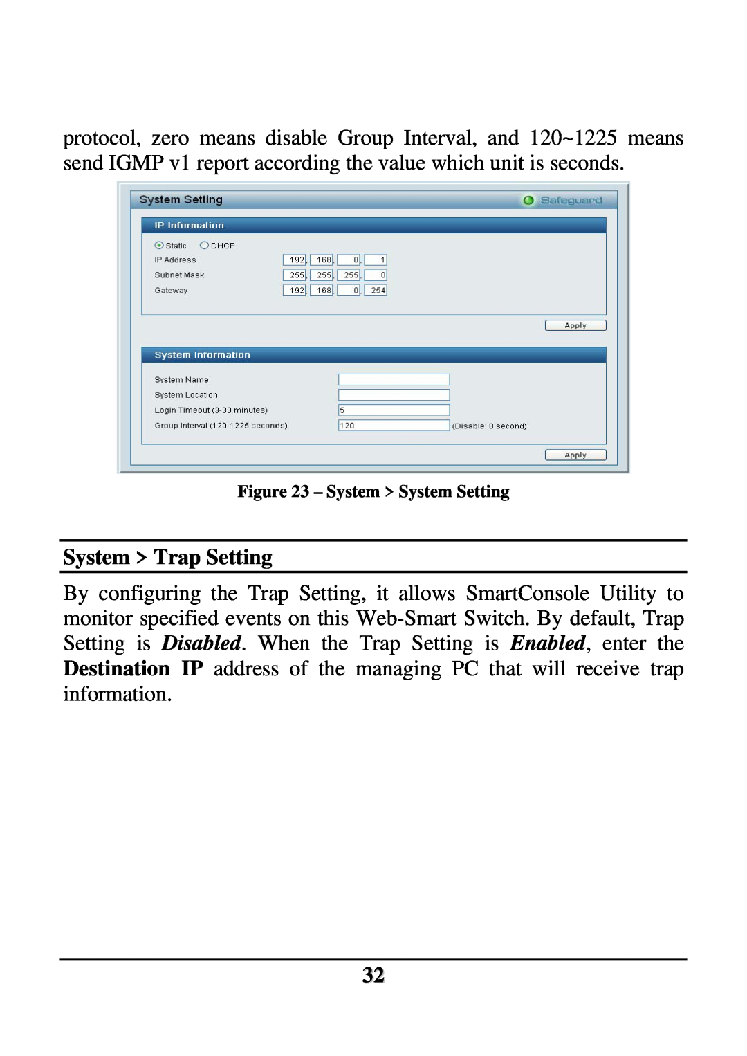 D-Link DES-1252 user manual System Trap Setting, System System Setting 