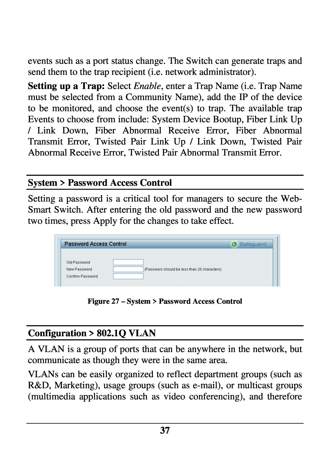 D-Link DES-1252 user manual System Password Access Control, Configuration 802.1Q VLAN 