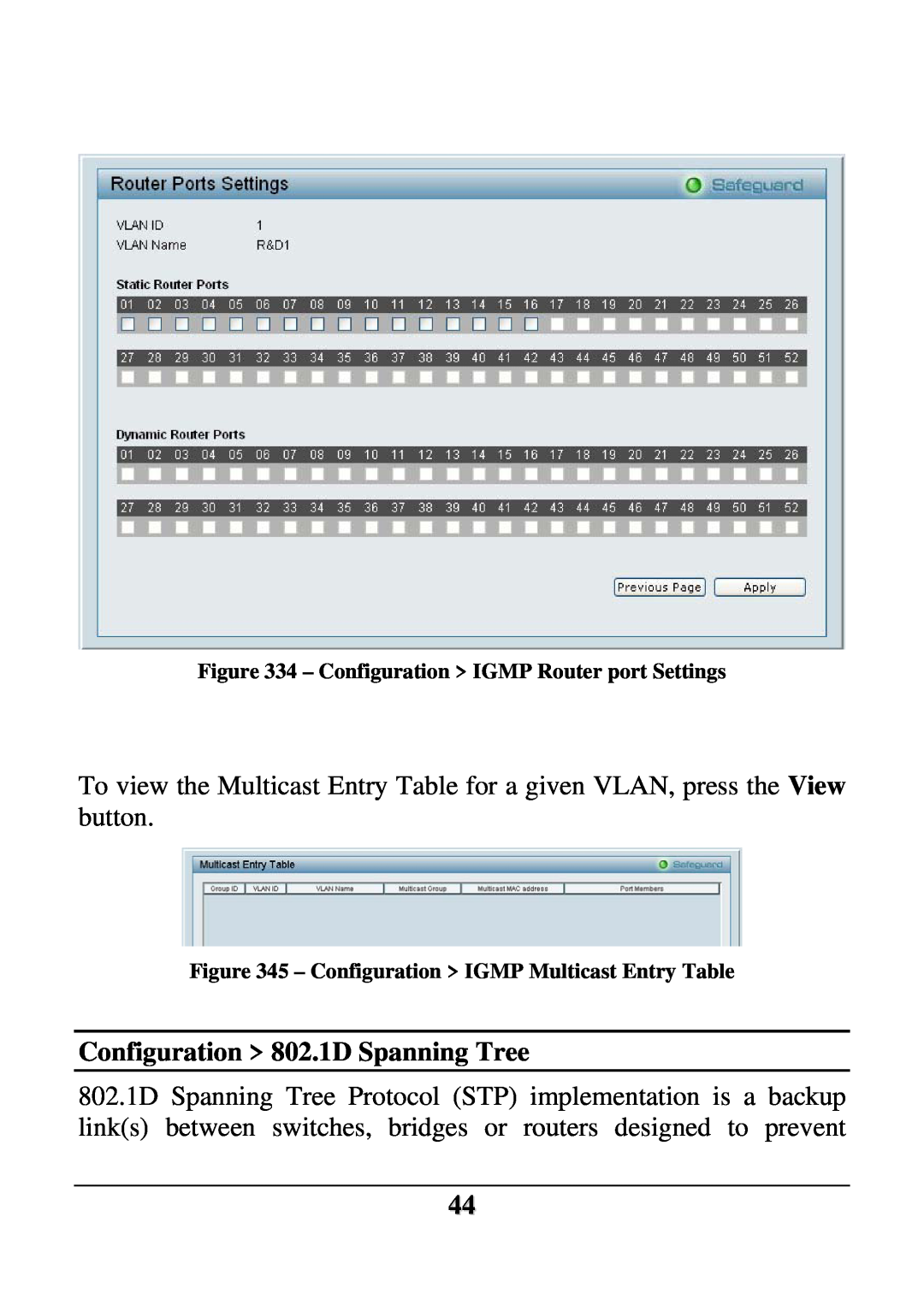 D-Link DES-1252 user manual Configuration 802.1D Spanning Tree, Configuration IGMP Router port Settings 