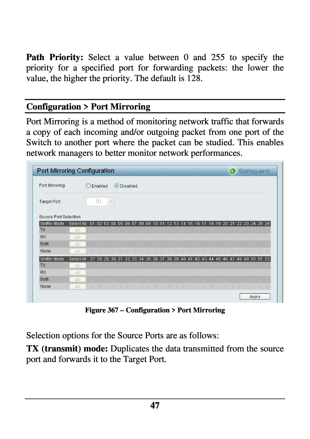 D-Link DES-1252 user manual Configuration Port Mirroring 