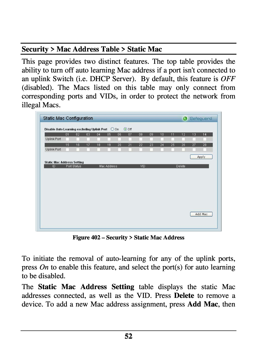 D-Link DES-1252 user manual Security Mac Address Table Static Mac, Security Static Mac Address 