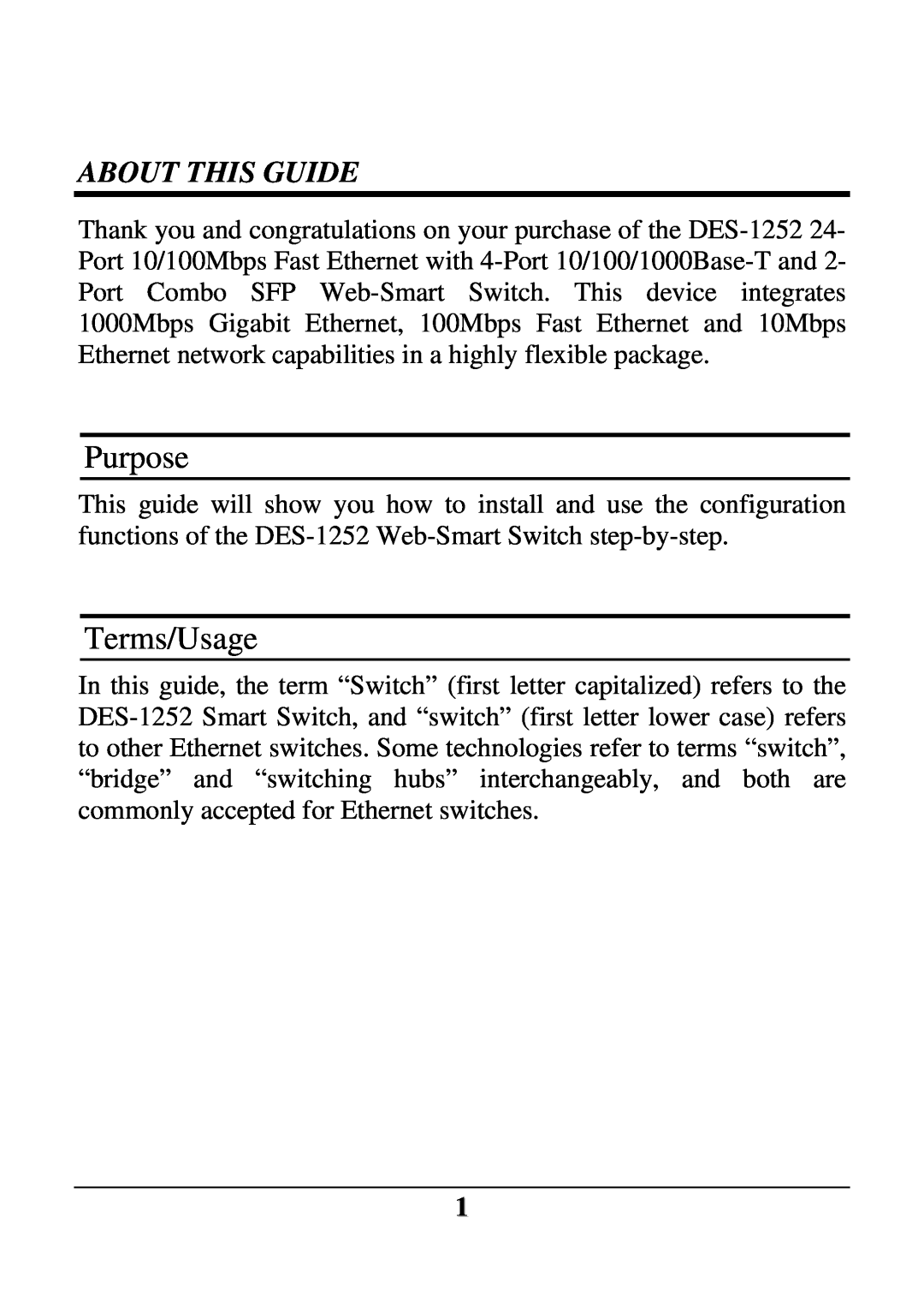 D-Link DES-1252 user manual Purpose, Terms/Usage, About This Guide 