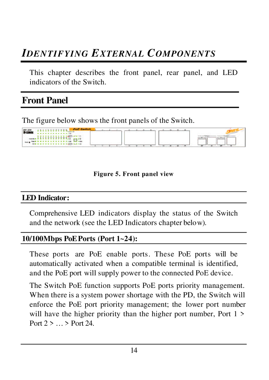 D-Link DES-1526 manual Front Panel, LED Indicator, 10/100Mbps PoE Ports Port 1~24 