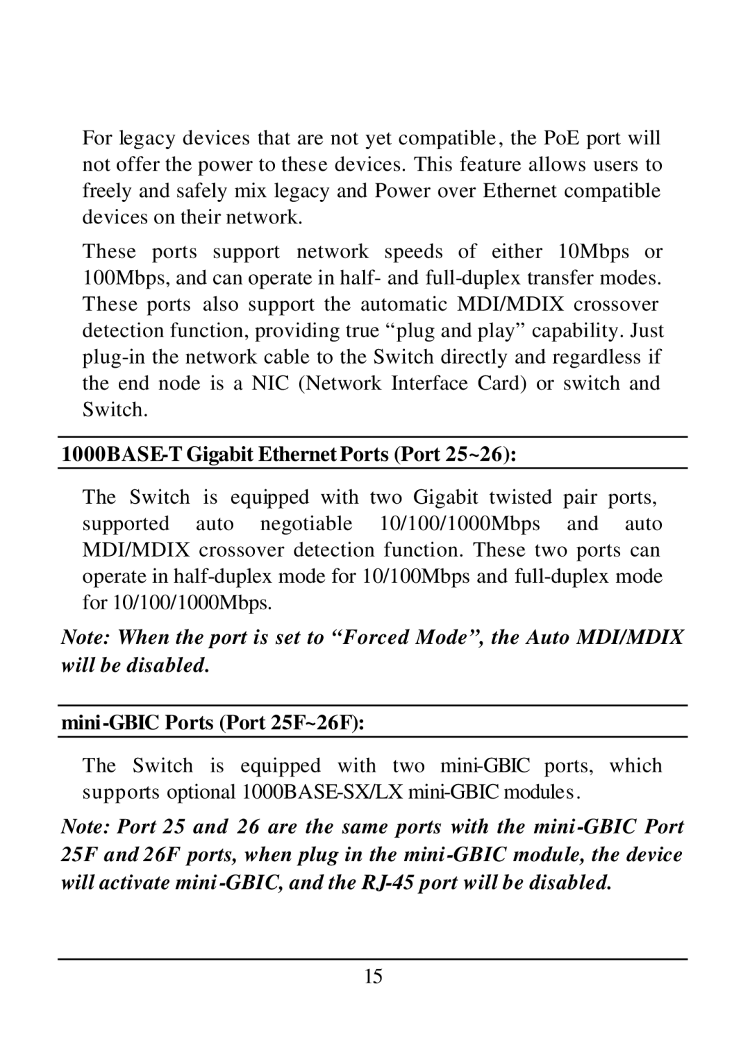 D-Link DES-1526 manual 1000BASE-T Gigabit Ethernet Ports Port 25~26, Mini-GBIC Ports Port 25F~26F 