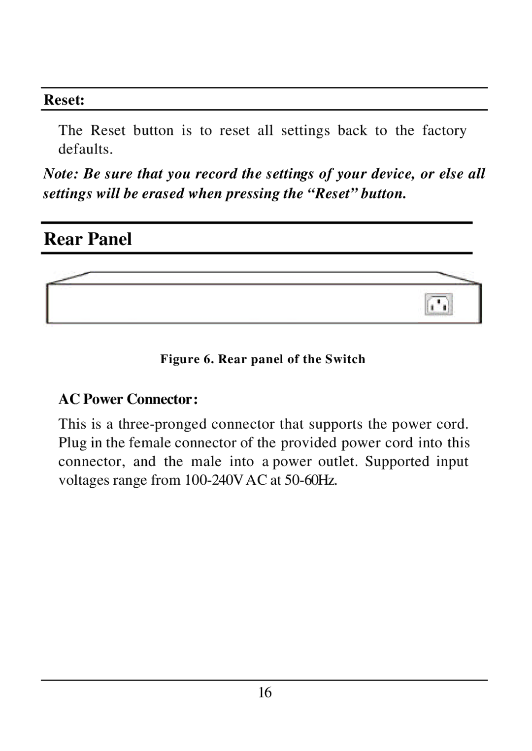 D-Link DES-1526 manual Rear Panel, Reset, AC Power Connector 