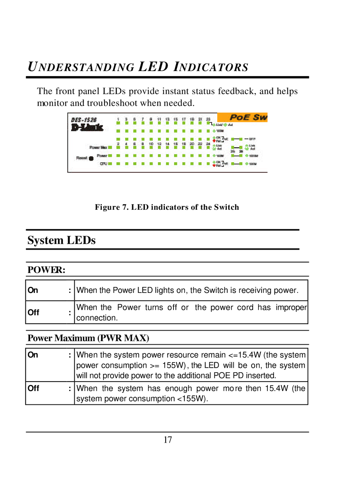 D-Link DES-1526 manual System LEDs, Power Maximum PWR MAX 