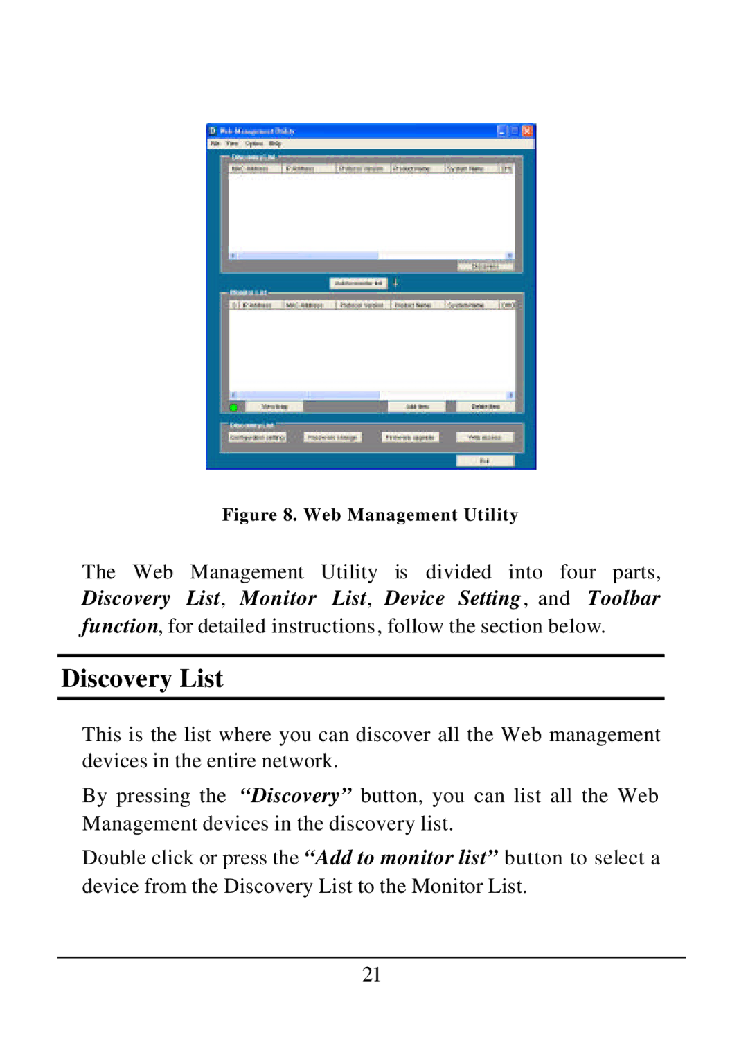 D-Link DES-1526 manual Discovery List, Web Management Utility 