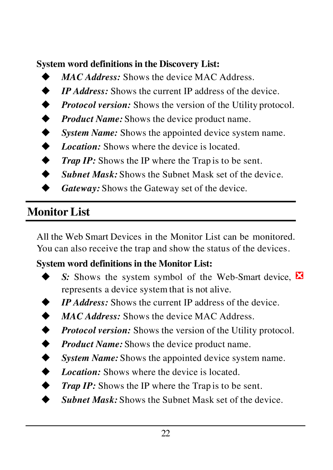 D-Link DES-1526 manual System word definitions in the Discovery List, System word definitions in the Monitor List 