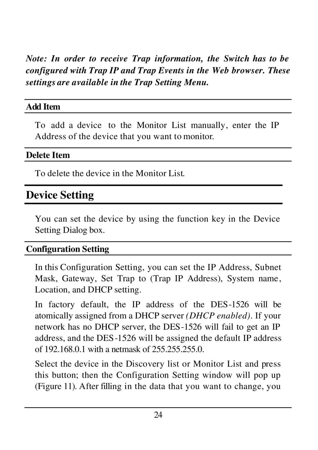 D-Link DES-1526 manual Device Setting, Add Item, Delete Item, Configuration Setting 