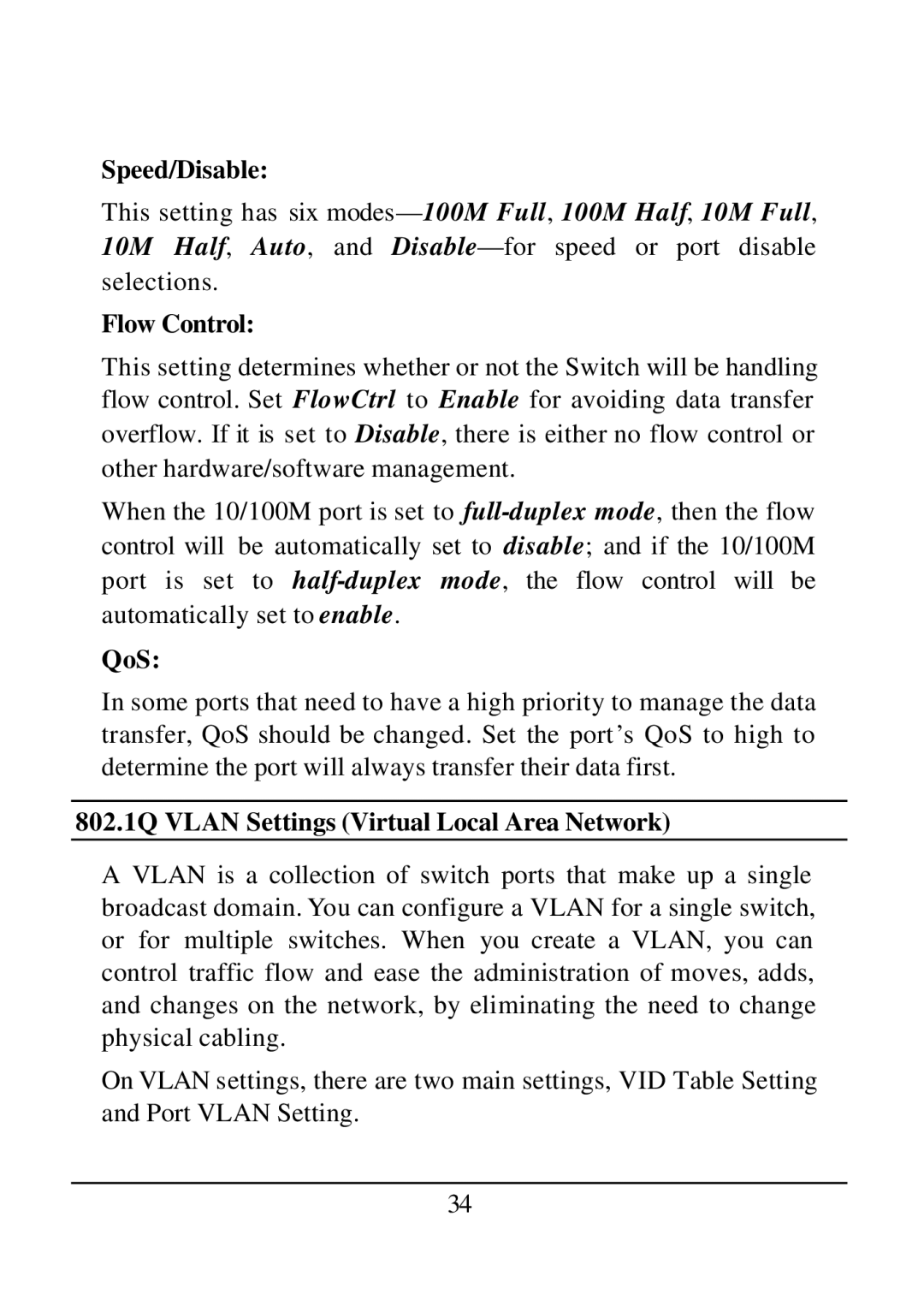 D-Link DES-1526 manual Speed/Disable, Flow Control, QoS, 802.1Q Vlan Settings Virtual Local Area Network 