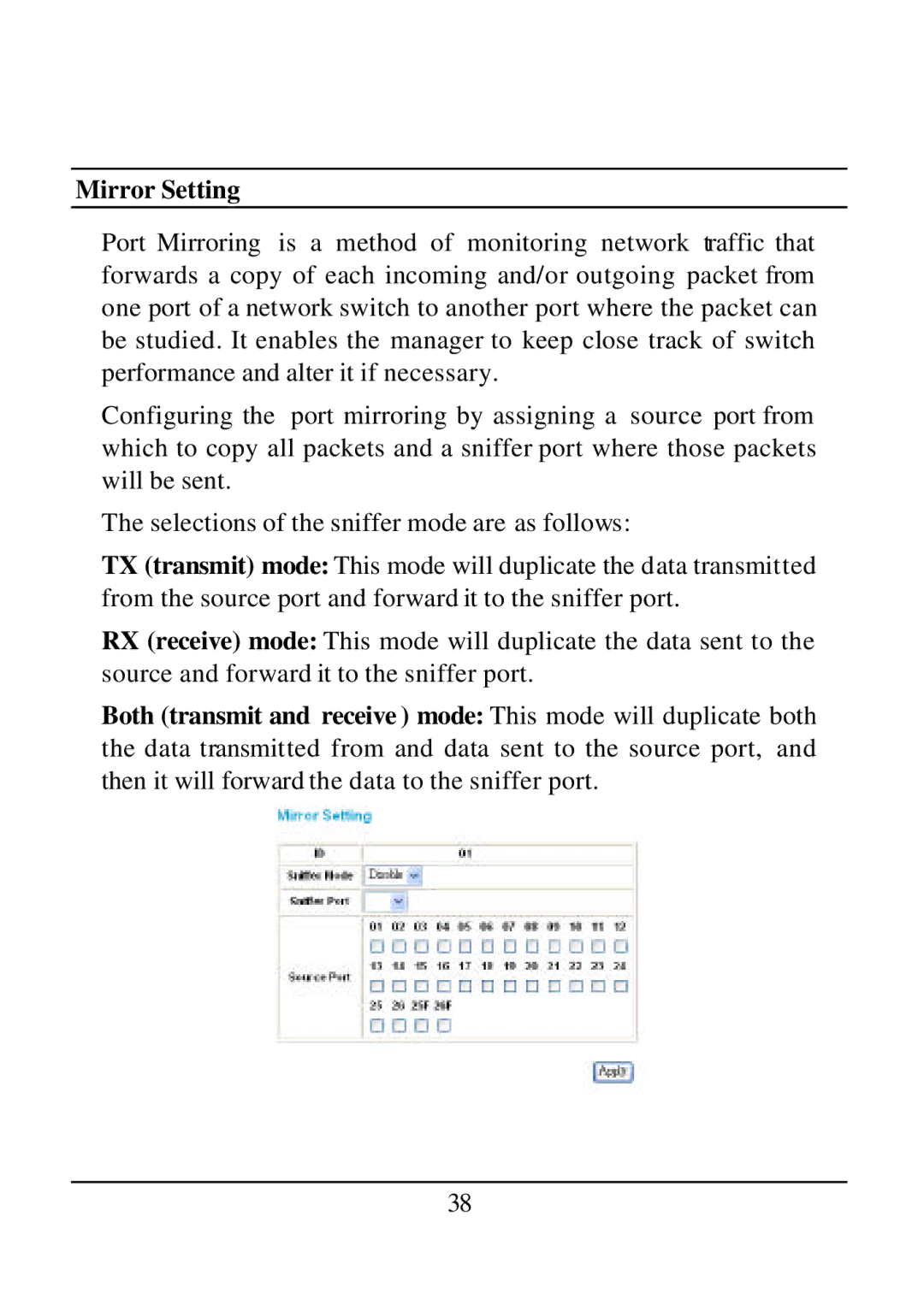 D-Link DES-1526 manual Mirror Setting 