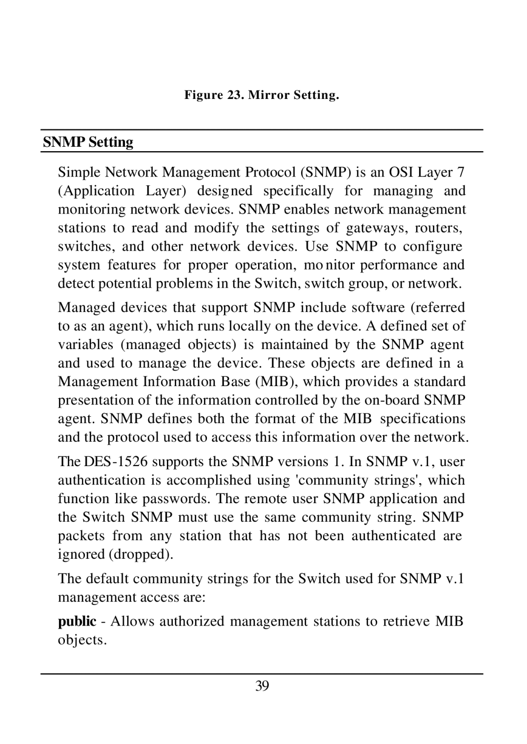 D-Link DES-1526 manual Snmp Setting, Mirror Setting 