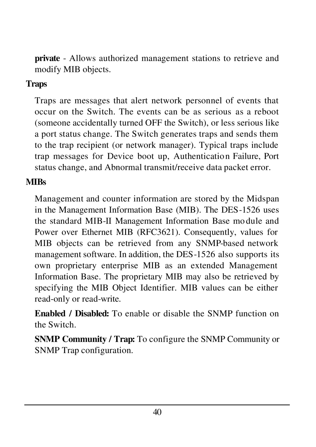 D-Link DES-1526 manual Traps, MIBs 