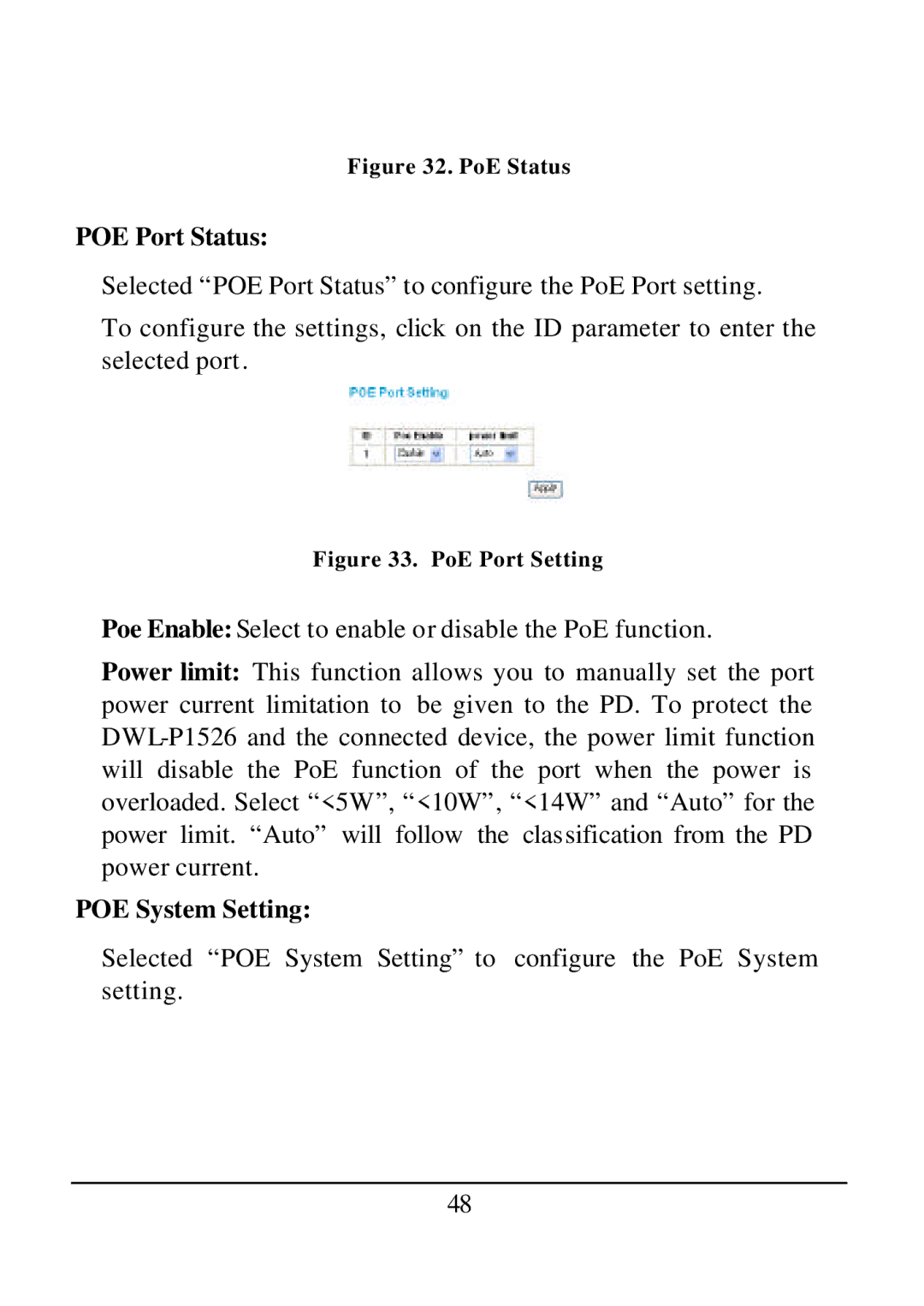 D-Link DES-1526 manual POE Port Status, POE System Setting 