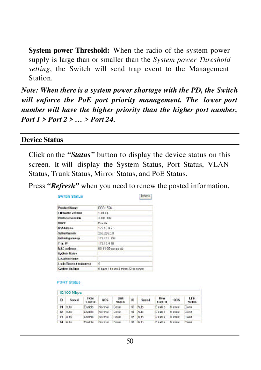 D-Link DES-1526 manual Device Status 