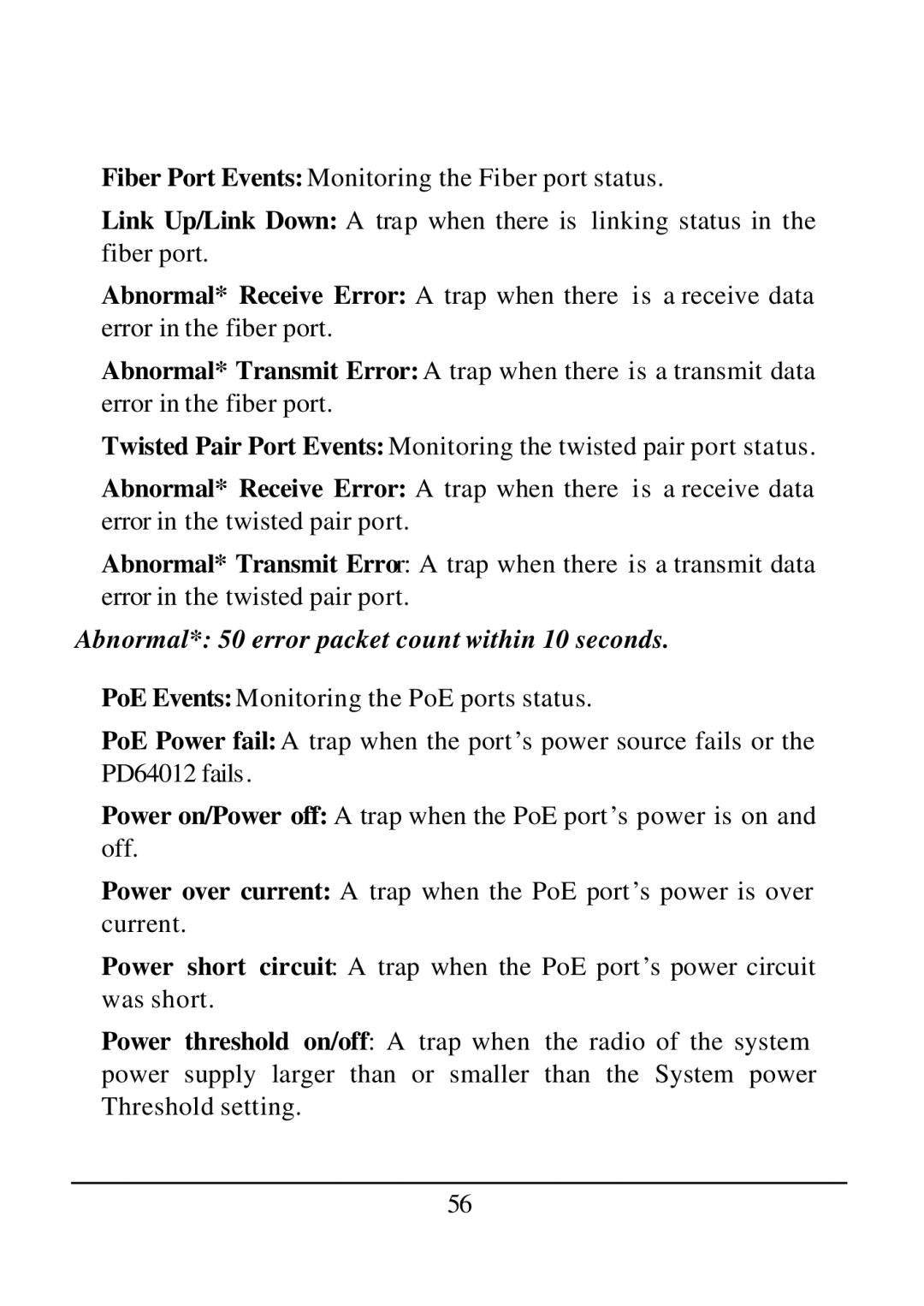 D-Link DES-1526 manual Abnormal* 50 error packet count within 10 seconds 