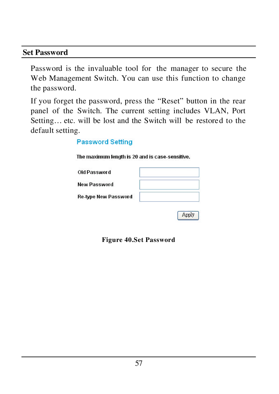 D-Link DES-1526 manual Set Password 