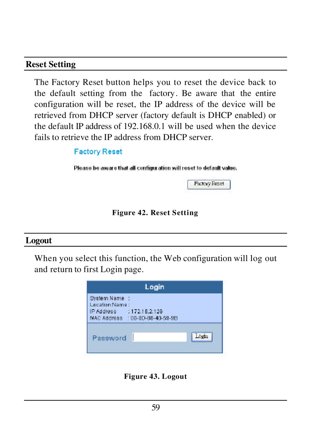 D-Link DES-1526 manual Reset Setting, Logout 