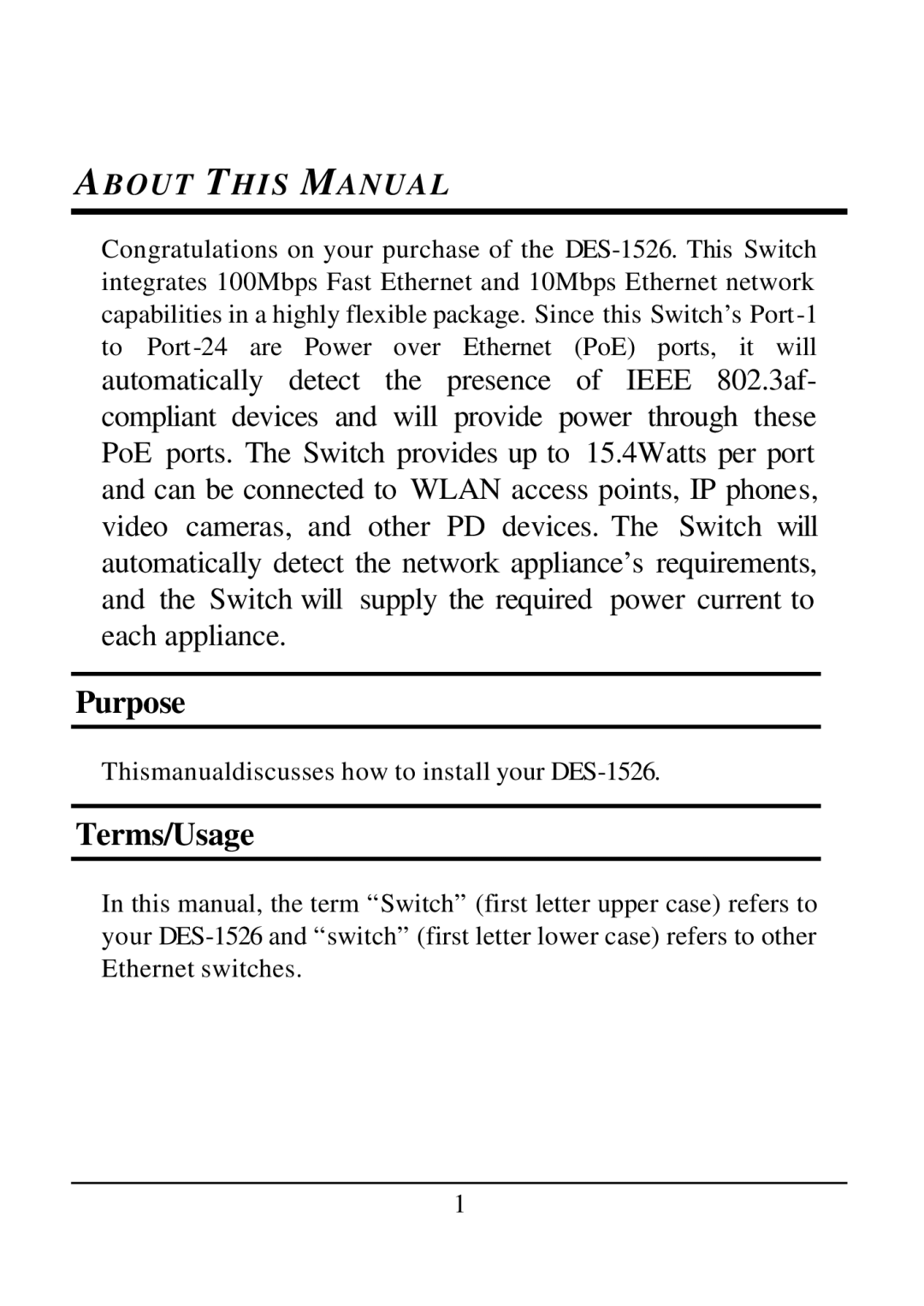 D-Link DES-1526 manual Purpose, Terms/Usage 