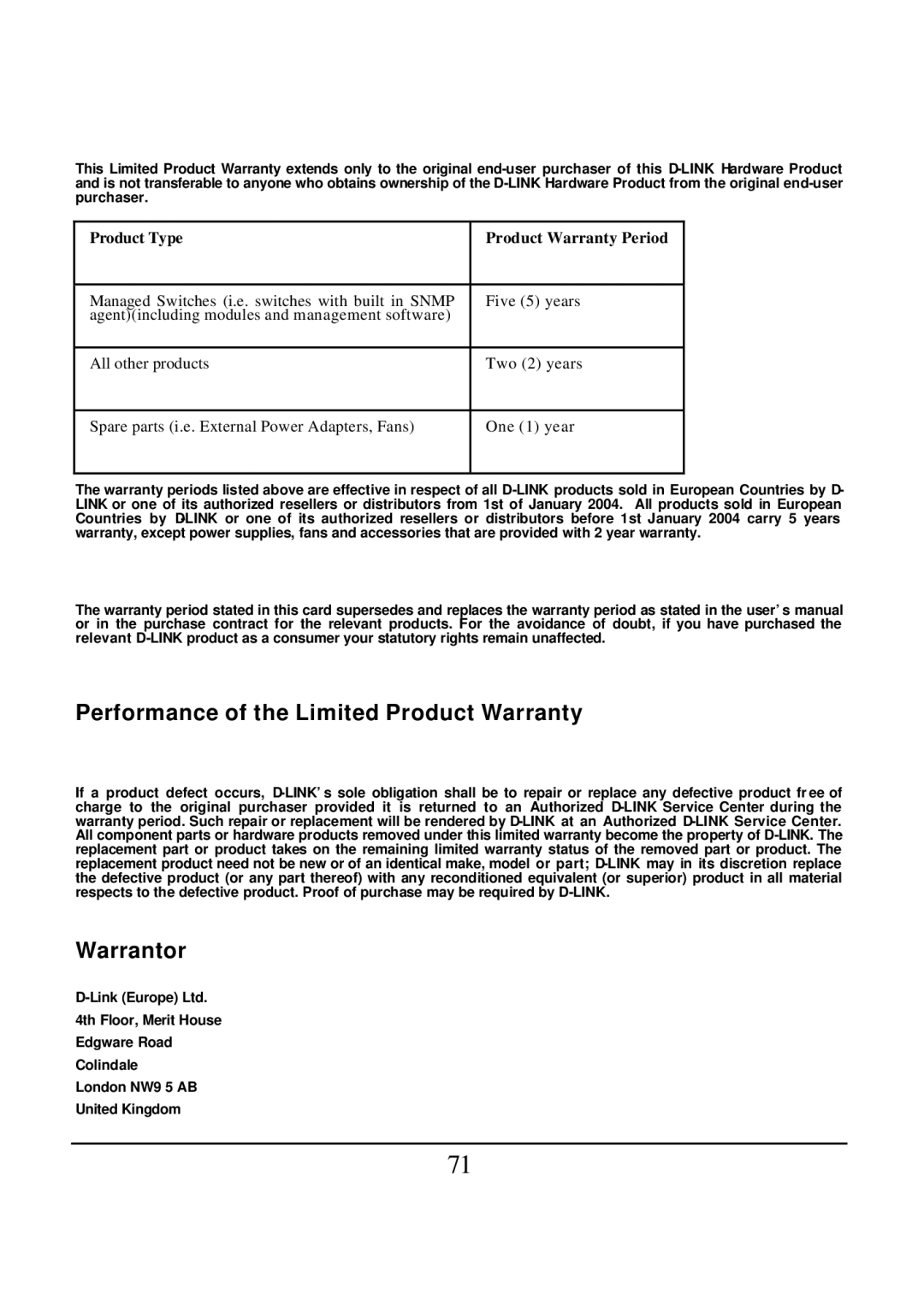 D-Link DES-1526 manual Performance of the Limited Product Warranty, Warrantor 