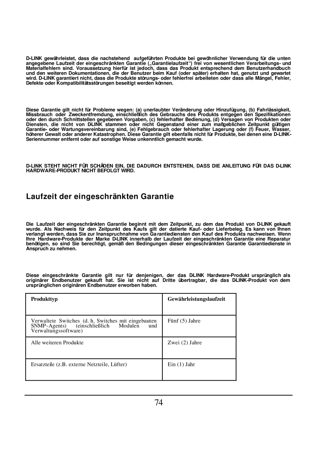 D-Link DES-1526 manual Laufzeit der eingeschränkten Garantie, Produkttyp Gewährleistungslaufzeit 