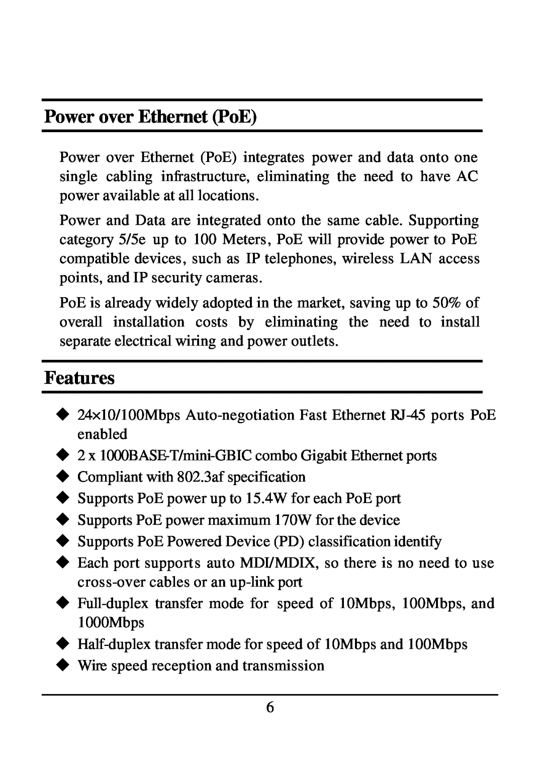 D-Link DES-1526 manual Power over Ethernet PoE, Features 