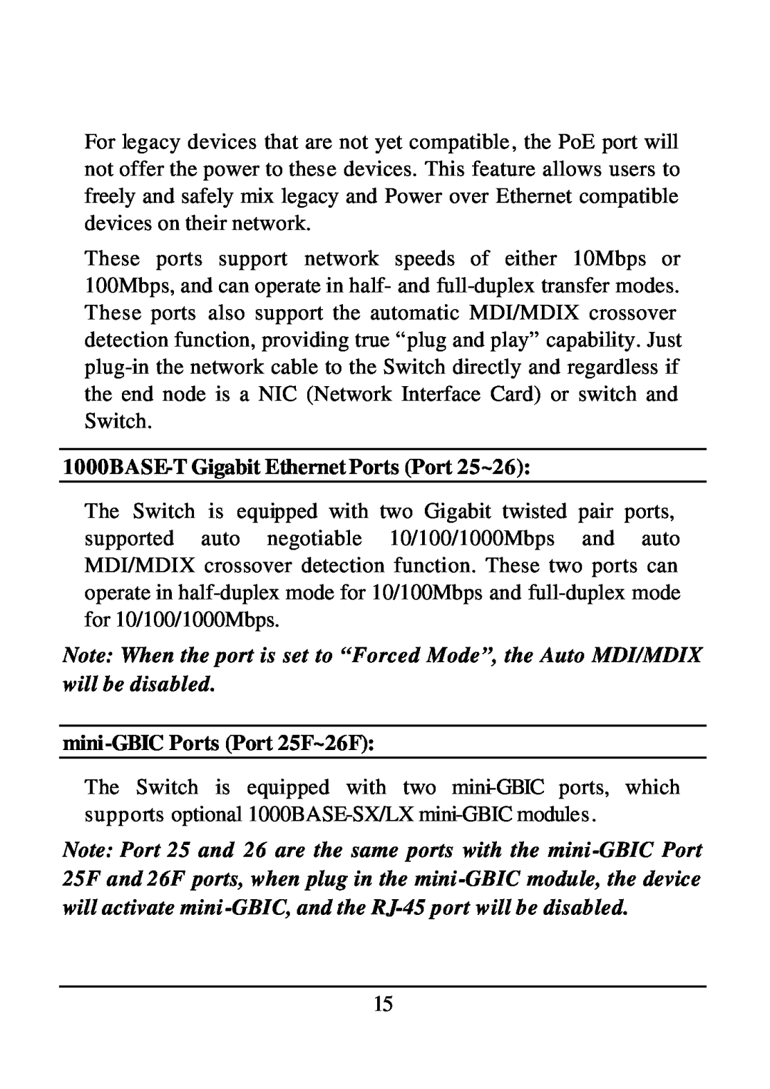 D-Link DES-1526 manual 1000BASE-TGigabit Ethernet Ports Port 25~26, mini-GBICPorts Port 25F~26F 