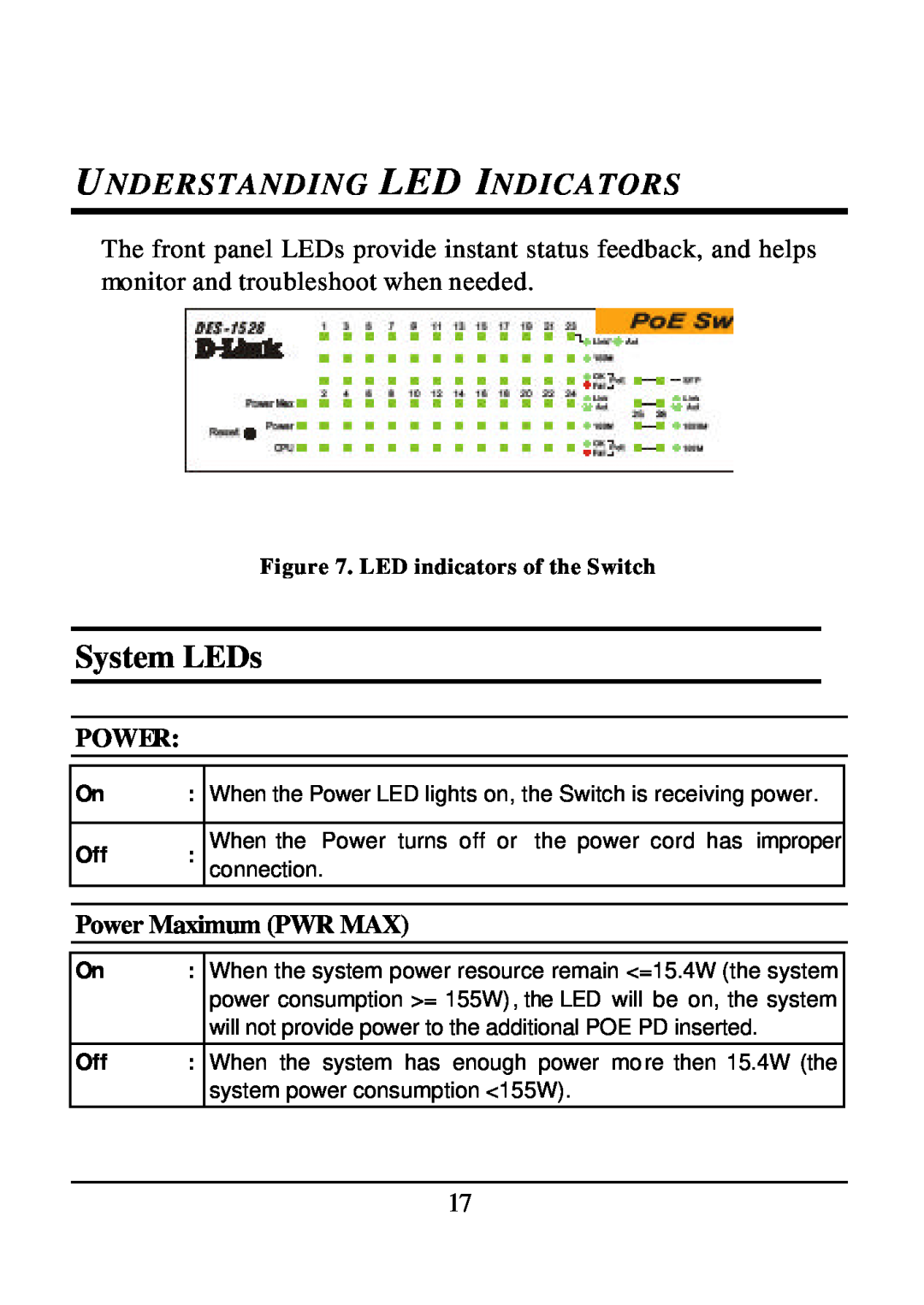 D-Link DES-1526 manual System LEDs, Understanding Led Indicators, LED indicators of the Switch 