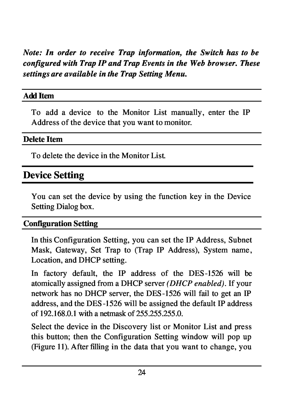 D-Link DES-1526 manual Device Setting, Add Item, Delete Item, Configuration Setting 