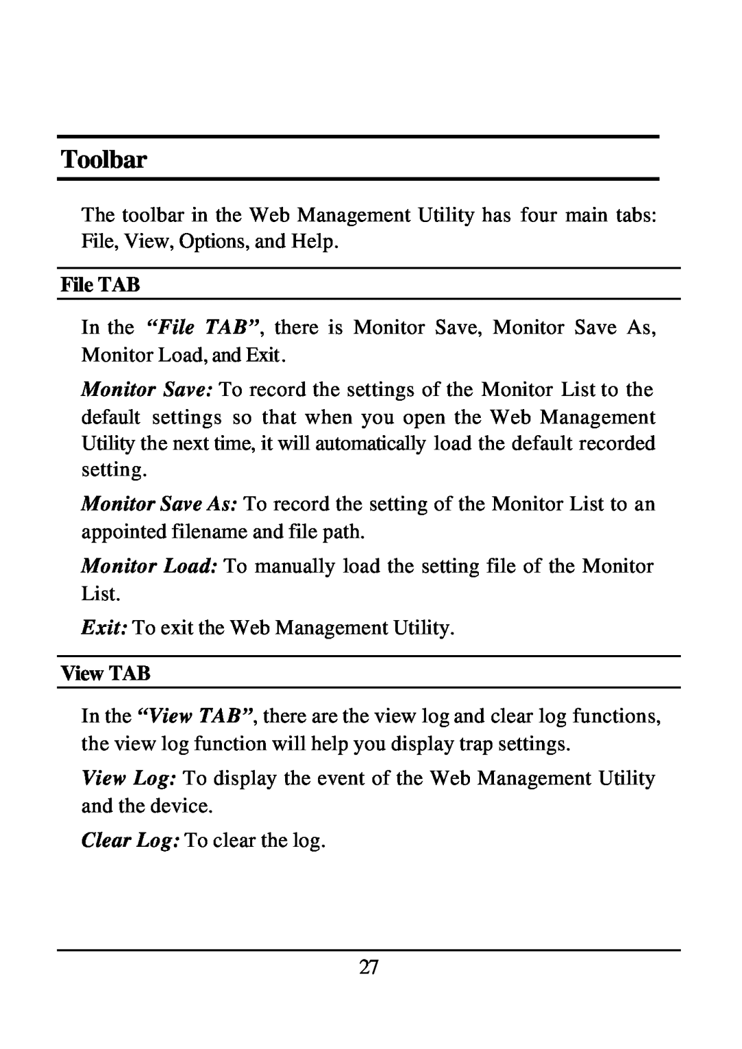 D-Link DES-1526 manual Toolbar, File TAB, View TAB 