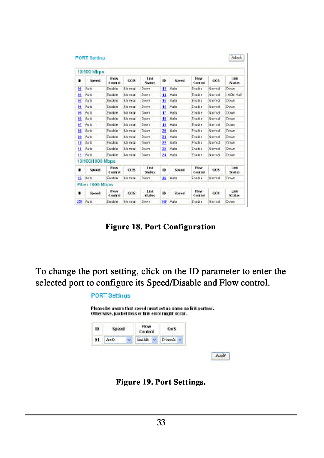 D-Link DES-1526 manual Port Configuration, Port Settings 