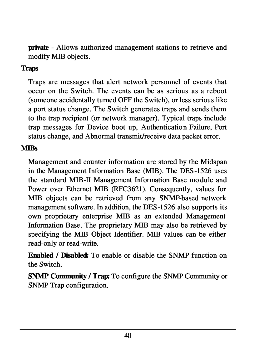 D-Link DES-1526 manual Traps, MIBs 